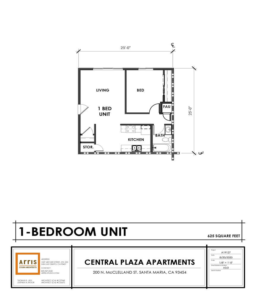 Floorplan Central Plaza 1 bedroom unit, 25 feet by 25 feed, living, bedroom, kitchen, bath, storage