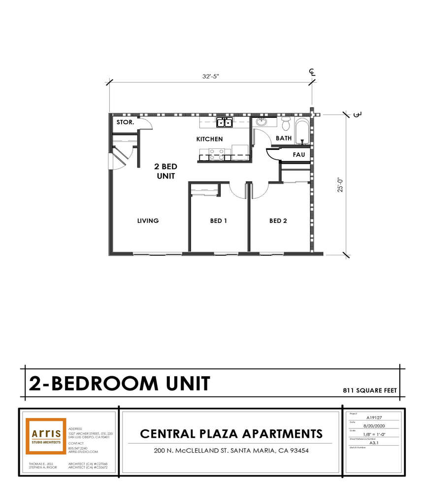 Floorplan Central Plaza 2 bedroom unit 25 feet by 32.5 feet, living, 2 bedrooms, kitchen, bath, storage