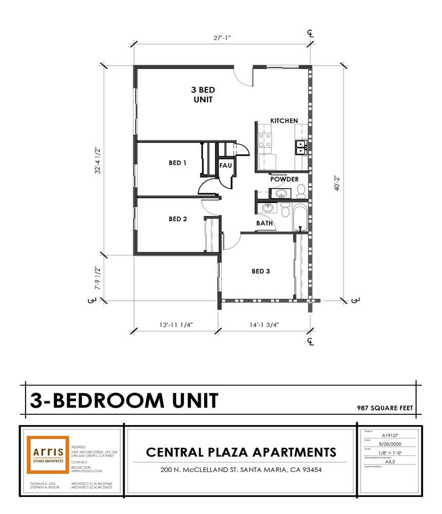Floorplan Central Plaza 3 bedroom unit 40.2 feet by 27.1 feet, living, 2 bedrooms, kitchen, 1.5 bath, storage