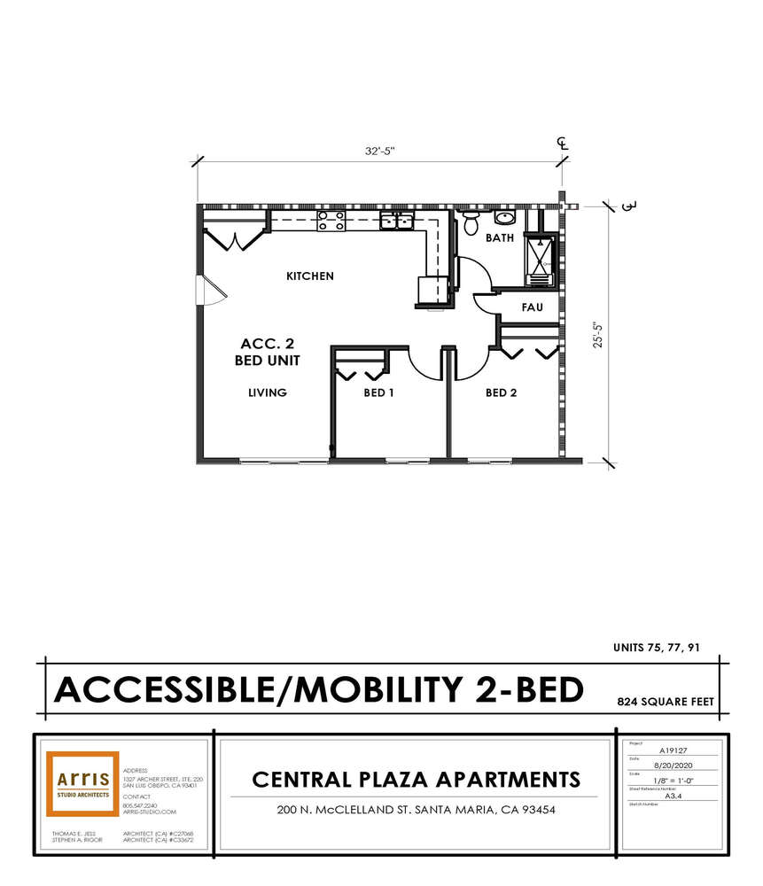 Floorplan Central Plaza Accessible/Mobility 2 bedroom unit, 25.5 feet by 32.5 feet, living, bedroom, kitchen, bath, storage