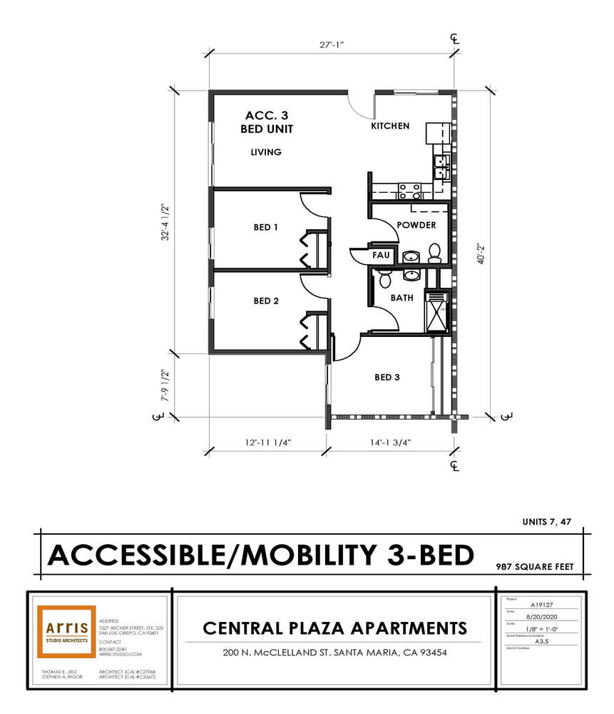 Floorplan Central Plaza Accessible/Mobility 3 bedroom unit, 40.2 feet by 27.1 feet, living, 3 bedroom, kitchen, 1.5 baths, storage