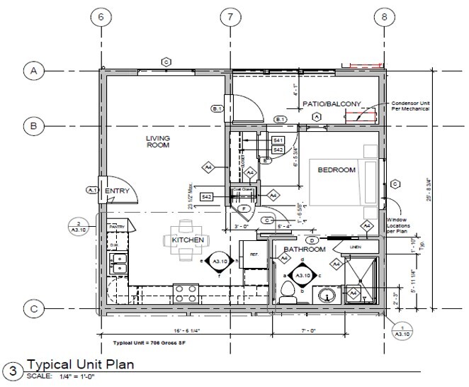 Cypress & 7th Unit Plan includes a living room, kitchen, patio/balcony, 1 bedroom and 1 bathroom