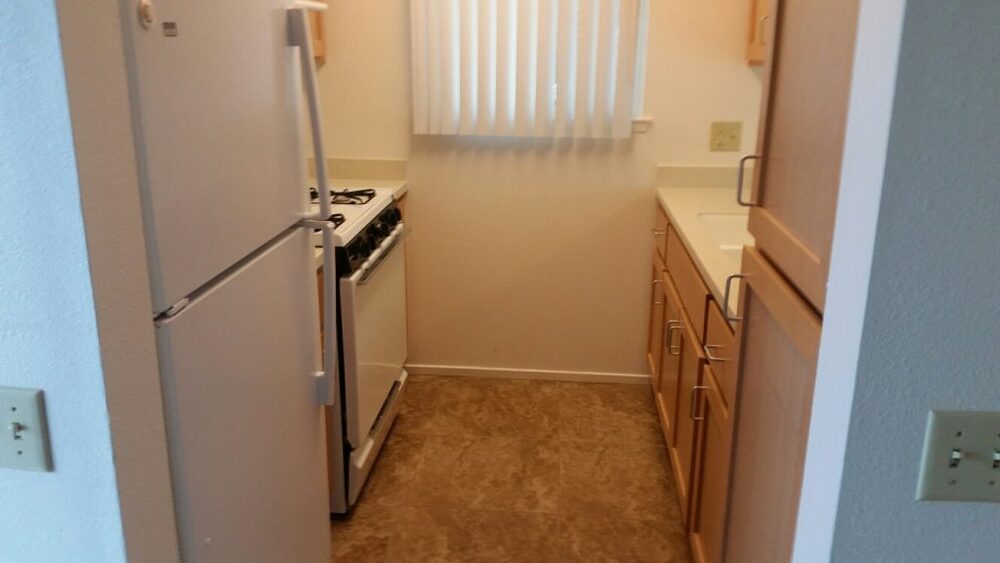 A clean and empty kitchen with the stove and refrigerator on the left and cabinets on the right. 