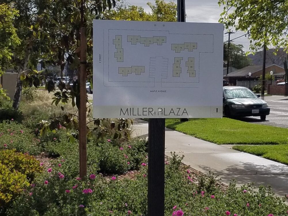 Miller Plaza site map sign.