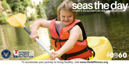 A girl in a life jacket paddles her kayak down the water. The caption reads seas the day. 