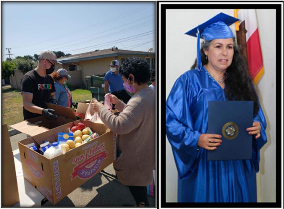Individuals giving out food and an individual in a cap and gown