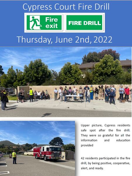 page 1 of Cypress Court Fire Drill Flyer (all copy in title and caption) residents outside in safe zone and fire truck on premises